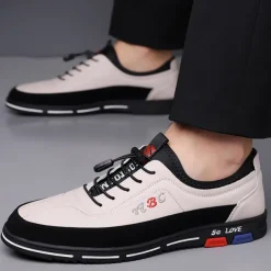 Men's Premium White and Black Faux Leather Lace-Up Sneakers with Vibrant Color Accents for Sports and Leisure