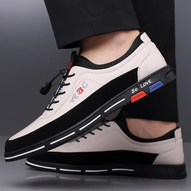 Men's Premium White and Black Faux Leather Lace-Up Sneakers with Vibrant Color Accents for Sports and Leisure
