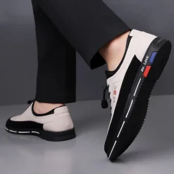 Men's Premium White and Black Faux Leather Lace-Up Sneakers with Vibrant Color Accents for Sports and Leisure