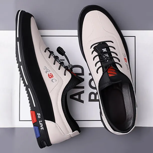 Men's Premium White and Black Faux Leather Lace-Up Sneakers with Vibrant Color Accents for Sports and Leisure
