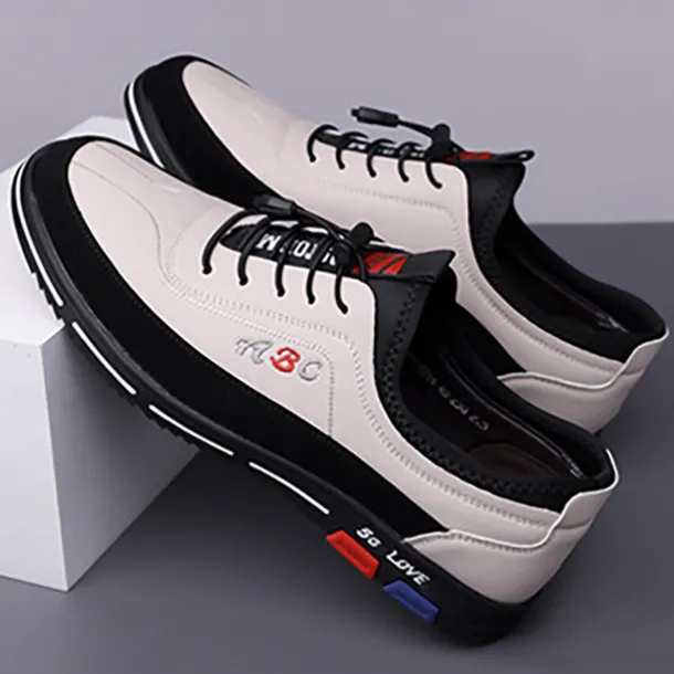 Men's Premium White and Black Faux Leather Lace-Up Sneakers with Vibrant Color Accents for Sports and Leisure