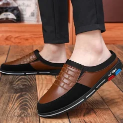 Men's Premium White and Black Faux Leather Casual Mule Shoes with Elastic Details for Stylish Everyday Wear