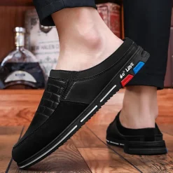 Men's Premium White and Black Faux Leather Casual Mule Shoes with Elastic Details for Stylish Everyday Wear