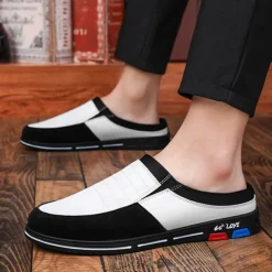 Men's Premium White and Black Faux Leather Casual Mule Shoes with Elastic Details for Stylish Everyday Wear