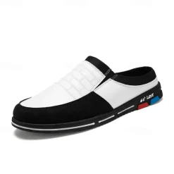 Men's Premium White and Black Faux Leather Casual Mule Shoes with Elastic Details for Stylish Everyday Wear