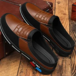 Men's Premium White and Black Faux Leather Casual Mule Shoes with Elastic Details for Stylish Everyday Wear