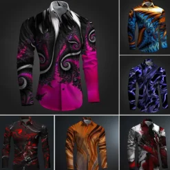 Men's Printed Shirts Long Sleeve Subcultural Vacation Party Street Spring & Summer Turndown Print Button-Down Red+Pink Red Navy Blue Blue Purple