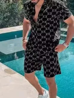 Men's Printing 2pcs Shirts Sets Shirt Short Sleeve Short Pants Turndown Vacation Casual Casual Vacation Wear 3D Print Summer Robin's Egg Blue Black Yellow