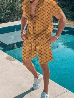 Men's Printing 2pcs Shirts Sets Shirt Short Sleeve Short Pants Turndown Vacation Casual Casual Vacation Wear 3D Print Summer Robin's Egg Blue Black Yellow