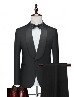 Men's Prom Fall Wedding Party Suits Black Fashion Formal Solid Colored Standard Fit 2 Piece Single Breasted One-button