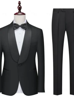 Men's Prom Fall Wedding Party Suits Black Fashion Formal Solid Colored Standard Fit 2 Piece Single Breasted One-button