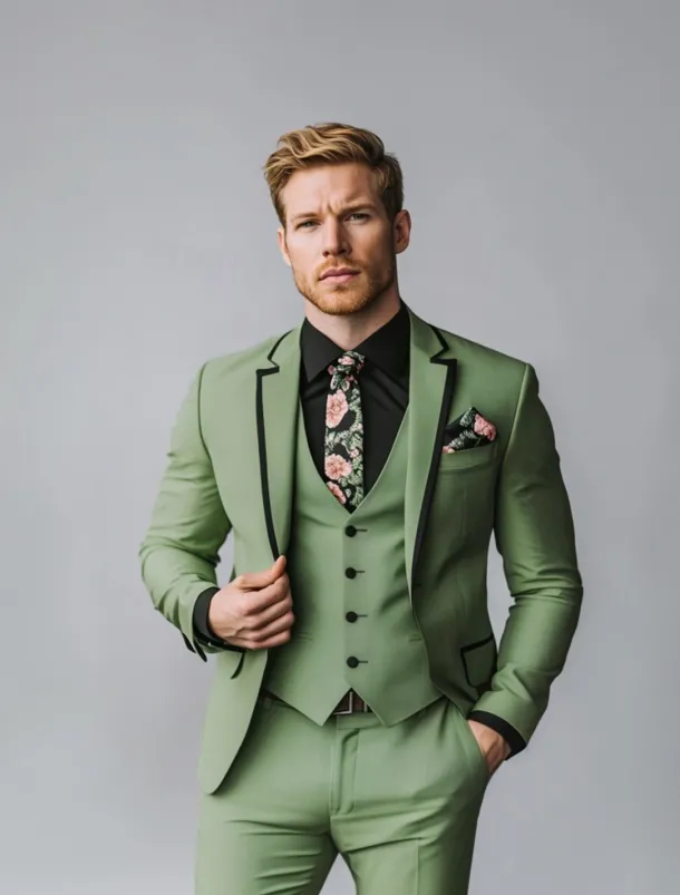 Men's Prom Fall Wedding Party Suits Sage Formal Solid Colored Standard Fit 3 Piece Single Breasted One-button