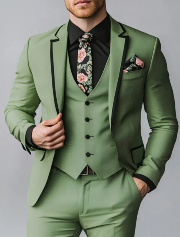 Men's Prom Fall Wedding Party Suits Sage Formal Solid Colored Standard Fit 3 Piece Single Breasted One-button