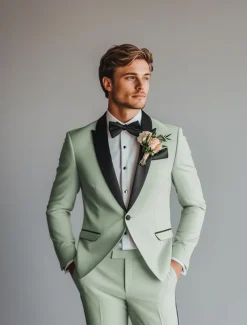 Men's Prom Fall Wedding Party Suits Peaked Lapel Light Green Fashion Formal Solid Colored Standard Fit 2 Piece Single Breasted One-button