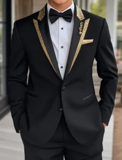 Men's Prom Fall Wedding Party Suits Black Fashion Luxury Solid Colored Standard Fit 3 Piece Single Breasted Two-buttons