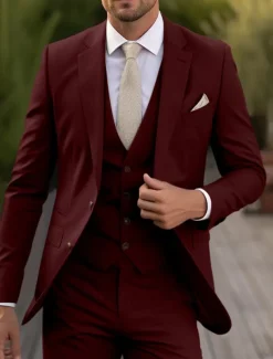 Men's Prom Fall Wedding Suits Notch Burgundy Sage Daily Lightweight Solid Colored Tailored Fit 3 Piece Single Breasted Two-buttons