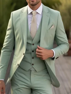 Men's Prom Fall Wedding Suits Notch Burgundy Sage Daily Lightweight Solid Colored Tailored Fit 3 Piece Single Breasted Two-buttons