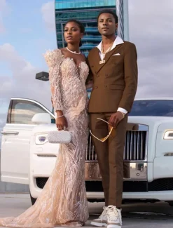 Men's Prom Party Suits Brown Fashion Formal Solid Colored Standard Fit 2 Piece Double Breasted Six-buttons