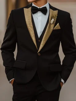 Men's Prom Party Suits Peaked Lapel Black Fashion Luxury Solid Colored Standard Fit 3 Piece Single Breasted One-button