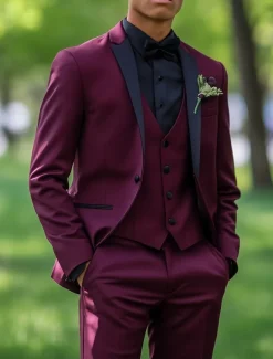 Men's Prom Party Suits Peaked Lapel Burgundy Fashion Formal Solid Colored Standard Fit 3 Piece Single Breasted One-button