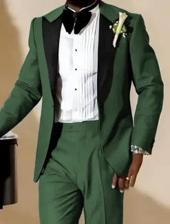 Men's Prom Party Suits Peaked Lapel Army Green Luxury Formal Solid Colored Standard Fit 2 Piece Single Breasted One-button