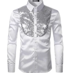 Men's Prom Shirt Disco Shirt Satin Silk Shirt Tuxedo Shirts Solid Color Wedding Party Black White Red Blue Long Sleeve Turndown Summer Spring Clothing Apparel Sequins