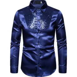 Men's Prom Shirt Disco Shirt Satin Silk Shirt Tuxedo Shirts Solid Color Wedding Party Black White Red Blue Long Sleeve Turndown Summer Spring Clothing Apparel Sequins