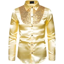 Men's Prom Shirt Disco Shirt Satin Silk Shirt Tuxedo Shirts Solid Color Wedding Party Black White Red Blue Long Sleeve Turndown Summer Spring Clothing Apparel Sequins