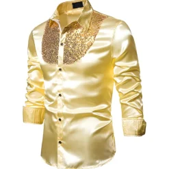 Men's Prom Shirt Disco Shirt Satin Silk Shirt Tuxedo Shirts Solid Color Wedding Party Black White Red Blue Long Sleeve Turndown Summer Spring Clothing Apparel Sequins