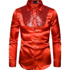 Men's Prom Shirt Disco Shirt Satin Silk Shirt Tuxedo Shirts Solid Color Wedding Party Black White Red Blue Long Sleeve Turndown Summer Spring Clothing Apparel Sequins