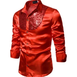 Men's Prom Shirt Disco Shirt Satin Silk Shirt Tuxedo Shirts Solid Color Wedding Party Black White Red Blue Long Sleeve Turndown Summer Spring Clothing Apparel Sequins