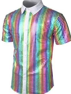 Men's Prom Shirt Disco Shirt Tuxedo Shirts Plain Formal Evening Birthday Party Black Yellow Blue Rainbow Short Sleeve Lapel Summer Spring Clothing Apparel Sequins