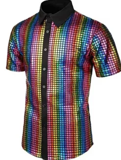 Men's Prom Shirt Disco Shirt Tuxedo Shirts Plain Formal Evening Birthday Party Black Yellow Blue Rainbow Short Sleeve Lapel Summer Spring Clothing Apparel Sequins