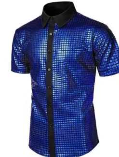 Men's Prom Shirt Disco Shirt Tuxedo Shirts Plain Formal Evening Birthday Party Black Yellow Blue Rainbow Short Sleeve Lapel Summer Spring Clothing Apparel Sequins