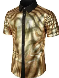 Men's Prom Shirt Disco Shirt Tuxedo Shirts Plain Formal Evening Birthday Party Black Yellow Blue Rainbow Short Sleeve Lapel Summer Spring Clothing Apparel Sequins