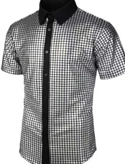 Men's Prom Shirt Disco Shirt Tuxedo Shirts Plain Formal Evening Birthday Party Black Yellow Blue Rainbow Short Sleeve Lapel Summer Spring Clothing Apparel Sequins