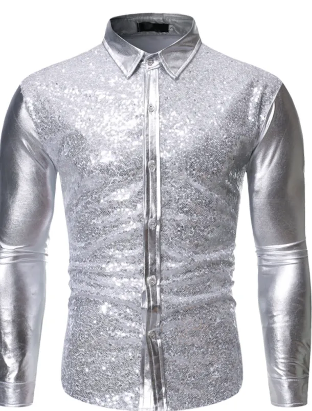 Men's Prom Shirt Disco Shirt Satin Silk Shirt Solid Color Wedding Party Silver Black Wine Blue Long Sleeve Collar Clothing Apparel Sequins