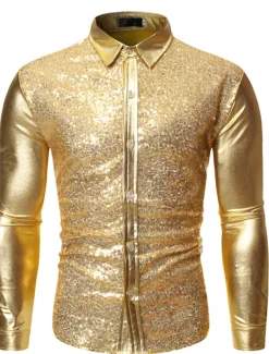 Men's Prom Shirt Disco Shirt Satin Silk Shirt Solid Color Wedding Party Silver Black Wine Blue Long Sleeve Collar Clothing Apparel Sequins