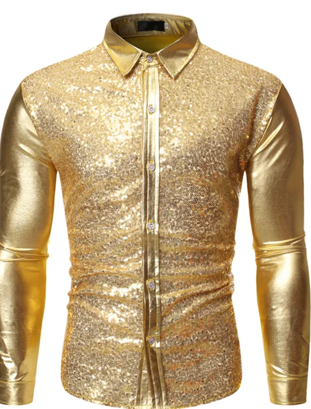 Men's Prom Shirt Disco Shirt Satin Silk Shirt Solid Color Wedding Party Silver Black Wine Blue Long Sleeve Collar Clothing Apparel Sequins