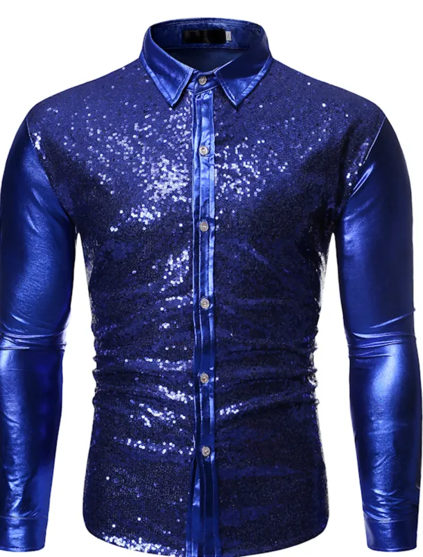 Men's Prom Shirt Disco Shirt Satin Silk Shirt Solid Color Wedding Party Silver Black Wine Blue Long Sleeve Collar Clothing Apparel Sequins