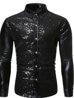 Men's Prom Shirt Disco Shirt Satin Silk Shirt Solid Color Wedding Party Silver Black Wine Blue Long Sleeve Collar Clothing Apparel Sequins