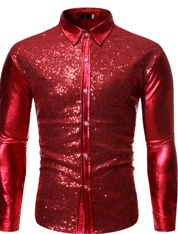 Men's Prom Shirt Disco Shirt Satin Silk Shirt Solid Color Wedding Party Silver Black Wine Blue Long Sleeve Collar Clothing Apparel Sequins