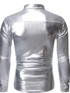 Men's Prom Shirt Disco Shirt Satin Silk Shirt Solid Color Wedding Party Silver Black Wine Blue Long Sleeve Collar Clothing Apparel Sequins