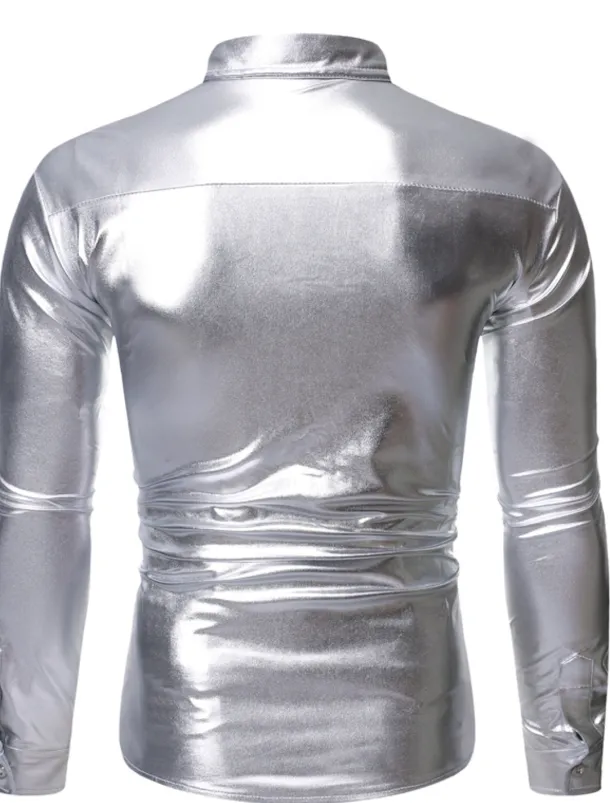 Men's Prom Shirt Disco Shirt Satin Silk Shirt Solid Color Wedding Party Silver Black Wine Blue Long Sleeve Collar Clothing Apparel Sequins