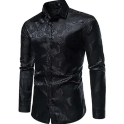 Men's Prom Shirt Satin Silk Shirt Graphic Wedding Party Silver Black Wine Navy Blue Long Sleeve Turndown Clothing Apparel Button-Down