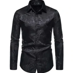 Men's Prom Shirt Satin Silk Shirt Graphic Wedding Party Silver Black Wine Navy Blue Long Sleeve Turndown Clothing Apparel Button-Down