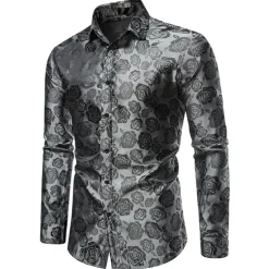 Men's Prom Shirt Satin Silk Shirt Graphic Wedding Party Silver Black Wine Navy Blue Long Sleeve Turndown Clothing Apparel Button-Down