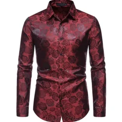 Men's Prom Shirt Satin Silk Shirt Graphic Wedding Party Silver Black Wine Navy Blue Long Sleeve Turndown Clothing Apparel Button-Down