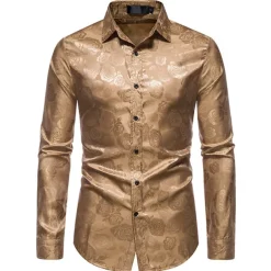 Men's Prom Shirt Satin Silk Shirt Graphic Wedding Party Silver Black Wine Navy Blue Long Sleeve Turndown Clothing Apparel Button-Down