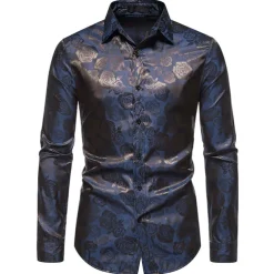Men's Prom Shirt Satin Silk Shirt Graphic Wedding Party Silver Black Wine Navy Blue Long Sleeve Turndown Clothing Apparel Button-Down